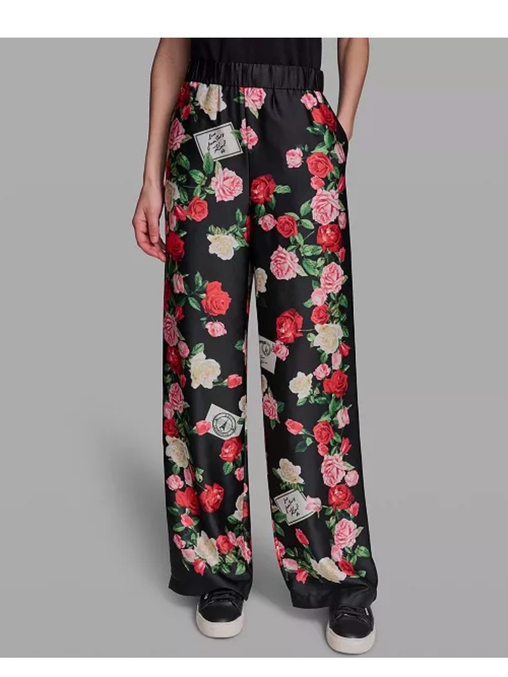 Karl Lagerfeld Black Satin Wide-Leg Pants with Pink, Red & Cream Floral Print